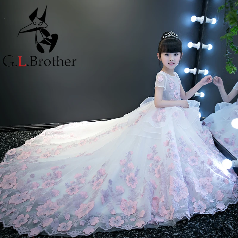 

Luxury 2018 Long Tailing Ball Gown Kids Pageant Dress For Wedding Birthday Appliques Mermaid Princess Flower Dress M48