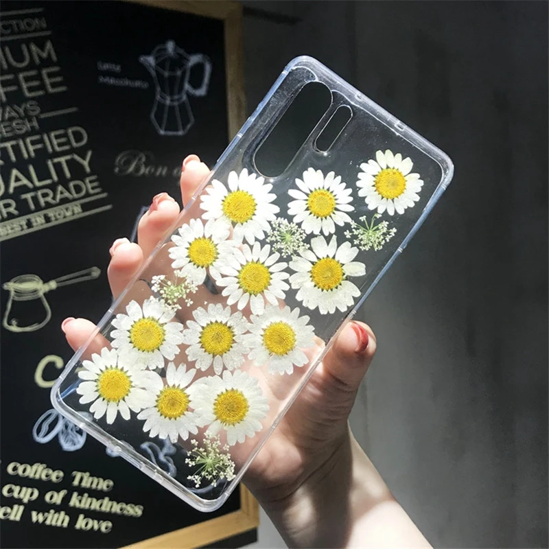 

Real Flowers Silicone Phone Case For Huawei P30 P20 Lite Mate 20 Pro Nova 3 3i Honor 8X 10 Daisy Dried Floral Transparent Cover