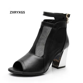 

2019 New Summer Women Shoes Boots Elegant Fashion Sandals Cowhide Hollow Mesh Women Sandals High Heel Thick with Roman Sandals