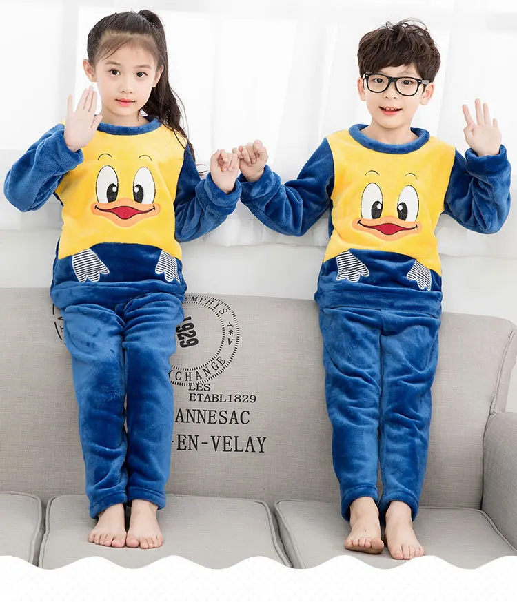 navy blue duck HziriP/ г.; зимние детские пижамные комплекты для мальчиков и девочек; одежда для сна с героями мультфильмов; Высококачественная теплая фланелевая плюшевая одежда с длинными рукавами для детей - Цвет: navy blue duck