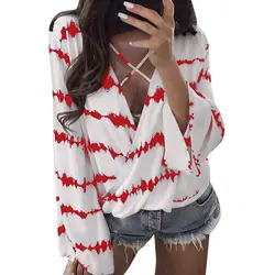 Обёрточная бумага блузка рубашка с длинными рукавами плюс Размеры Женские топы и блузки Sexy Глубокий V Neck Top 2018 Корейская одежда кимоно Boho