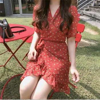 floral print red New Summer Women Dress Knee-Length Dress Short Sleeve Dresses Femme Elegant Dresses V Neck Robe Femme Vestido elegant scoop neck abstract print short sleeve dress for women