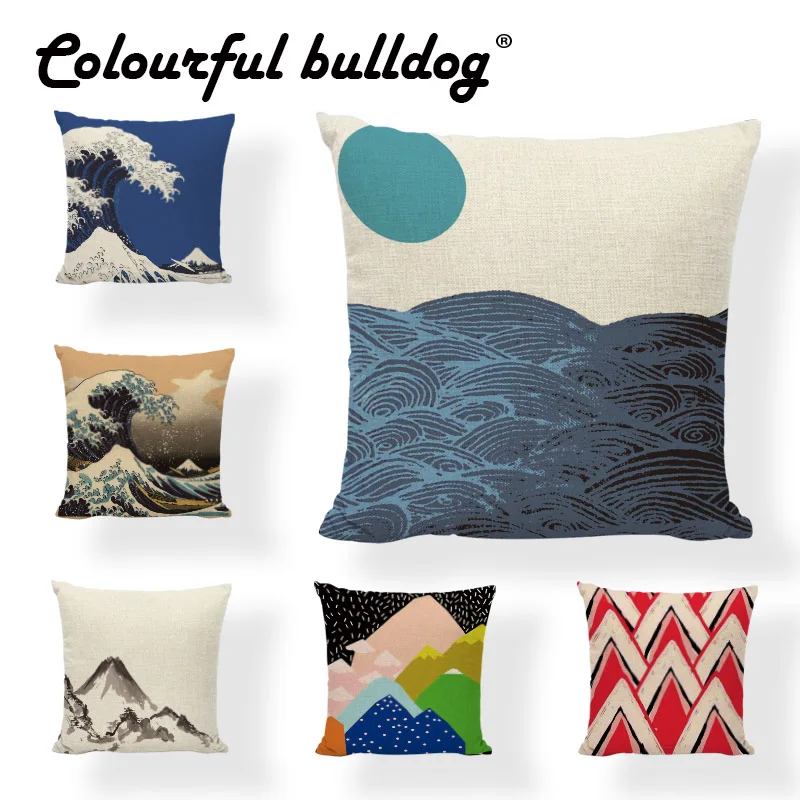 

Creative Japan Traditional Painting Wave Sea Cushion Cover Brand 17*17In Mountain Sun Striped Living Room Office Decor Furniture