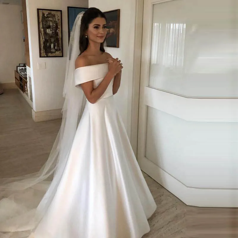 

White Boat Neck Wedding Dress Long Elegant Satin Prom Gowns Party Gowns Party Abendkleider Abiye Vestido De Noiva