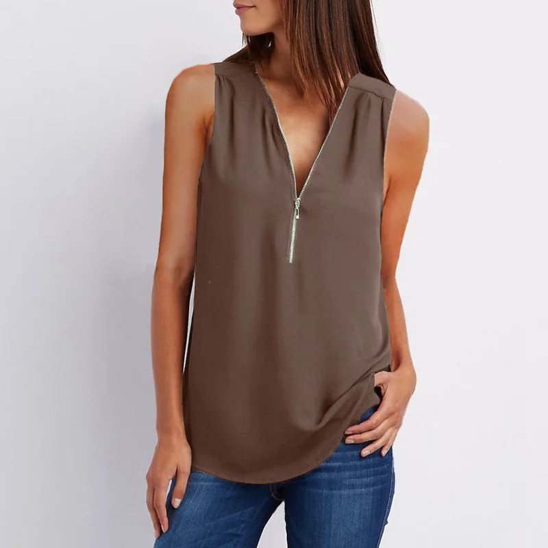 Plus Size S-5XL Chiffon Blouse Women Shirt Summer Sexy Sleeveless V Neck Zipper Blusas Casual Loose Tees Tank Tops Ladies Shirt womens shirts Blouses & Shirts