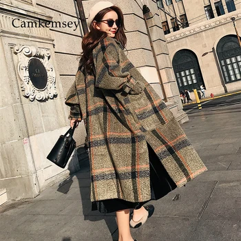

CamKemsey 2019 New Women Warm Winter Cashmere Coat Ladies Work Office Elegant Vintage Plaid Long Wool Blends Coats