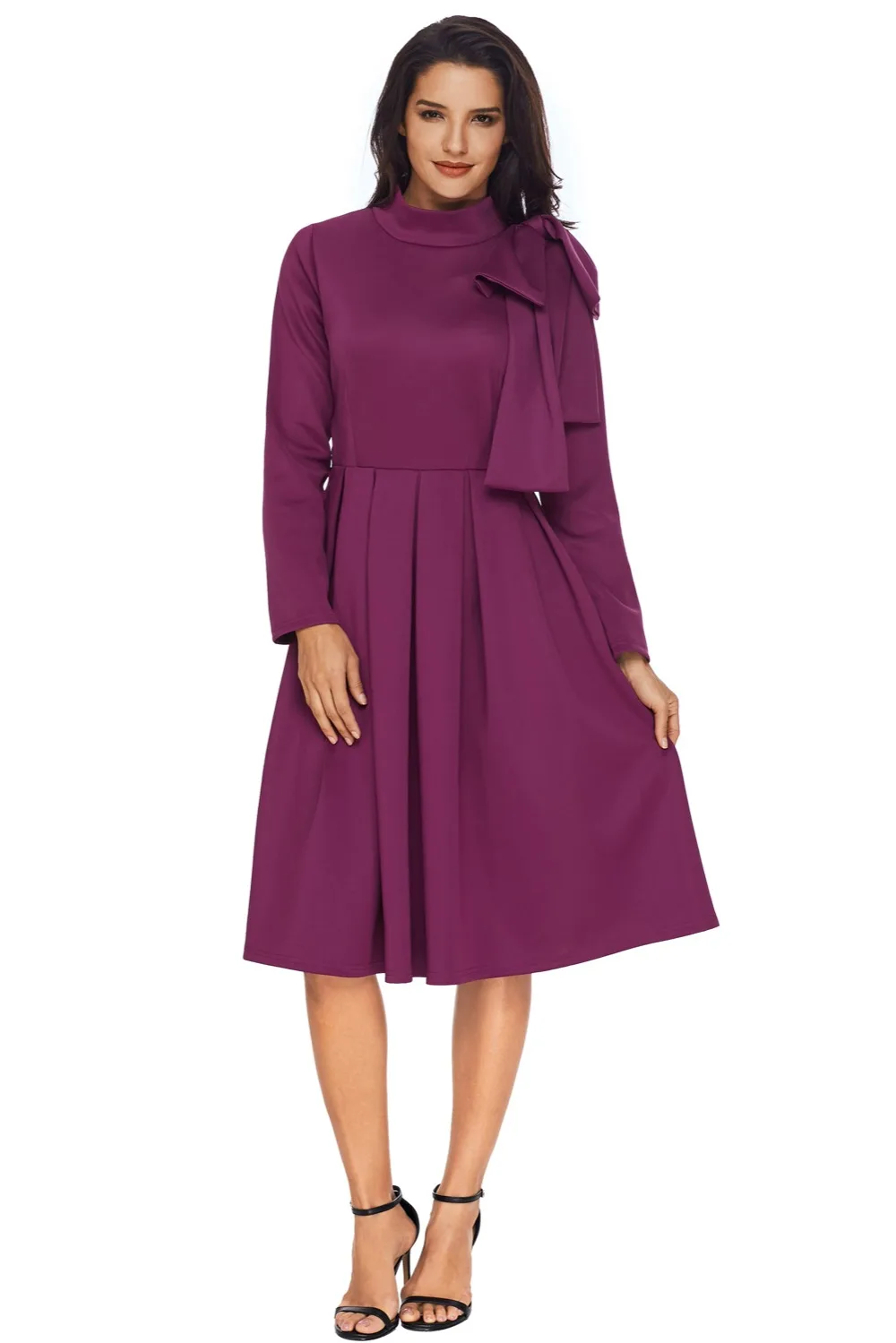 Purple-Bowknot-Embellished-Mock-Neck-Pocket-Dress-LC61832-8-1