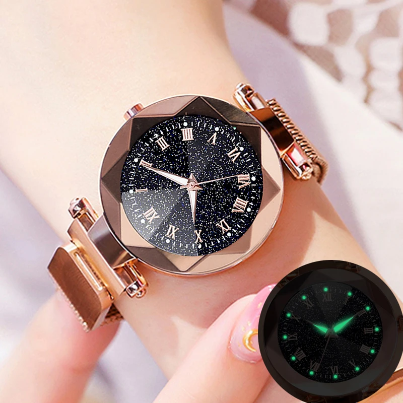 

Luxury Women Watches Fashion Elegant Magnet Buckle Vibrato Purple Ladies Wristwatch 2019 New Starry Sky Roman Numeral Gift Clock