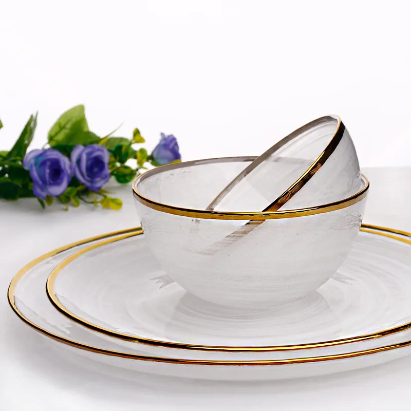 

Golden Edge Glass Dinnerware Flat Plate Salad Bowl Dinner Plate Mist Side Food Tray Elegant Cake Fruit Dishes Rice Bowl 1pcs