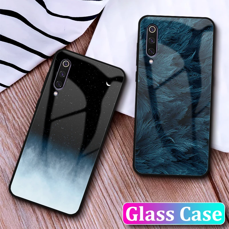 

GFAITH Tempered Glass Case For Xiaomi Mi 9 Feather Print Starry Sky Cover For Xiaomi Mi 9SE Phone Cases