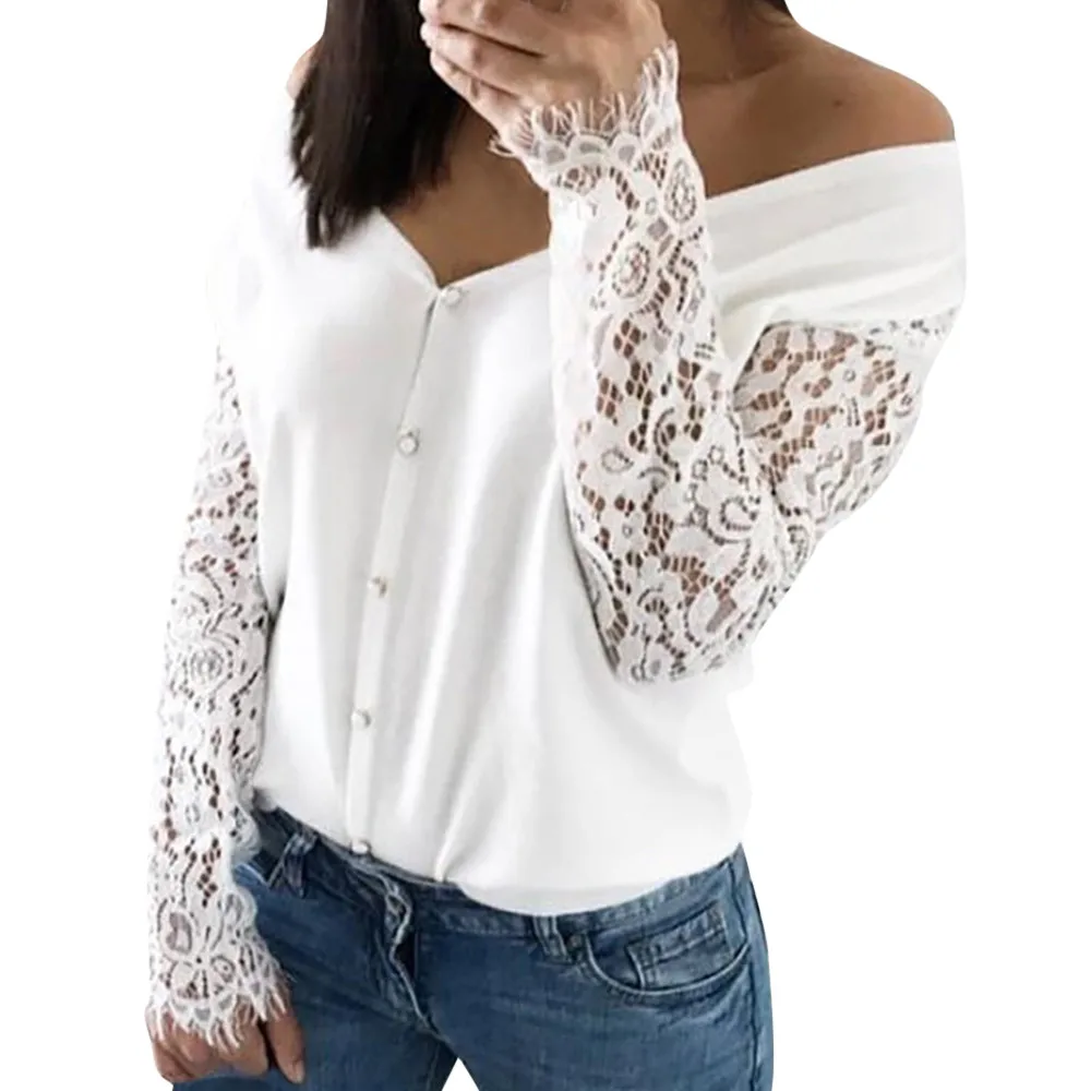 

2019 Autumn New Autumn Women's Solid Off Shoulder Patchwork Lace Insert Sleeve Shirt Tops Blouse Casual Tops Sexy shirt Flared