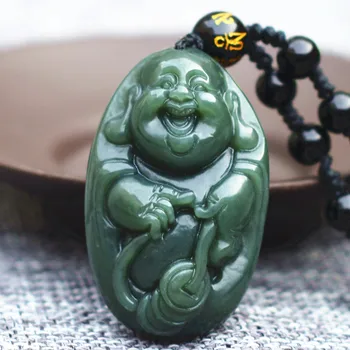

Natural Dark Green HETIAN Nephrite Pendant 3D Carved Buddha Patron saint Pendants Necklace Gift for Woman Men's Jades Jewelry