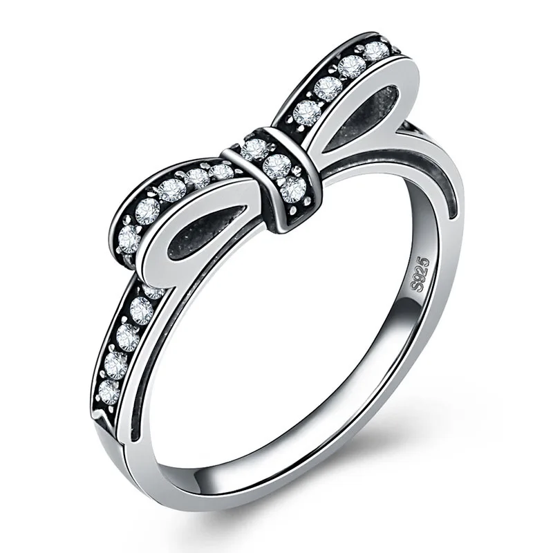 

Hot sell Authentic 925 sterling silver Sparkling Bow Knot Wedding Vintage Women Ring Crystal stamp Jewelry Full Size