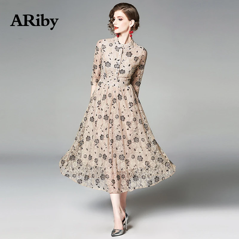 ARiby, женское платье, розовое, кружевное, элегантное, длинное, платье,, новое, летнее, офисное, женское, тонкое, рукав три четверти, цветочный принт, платье до середины икры