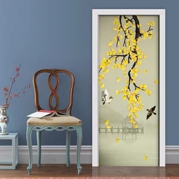 

PVC Self-adhesive Door Sticker Hand-painted Pen Flower Waterproof Wallpaper Mural Living Room Bedroom Door Home Decor 3D Decals