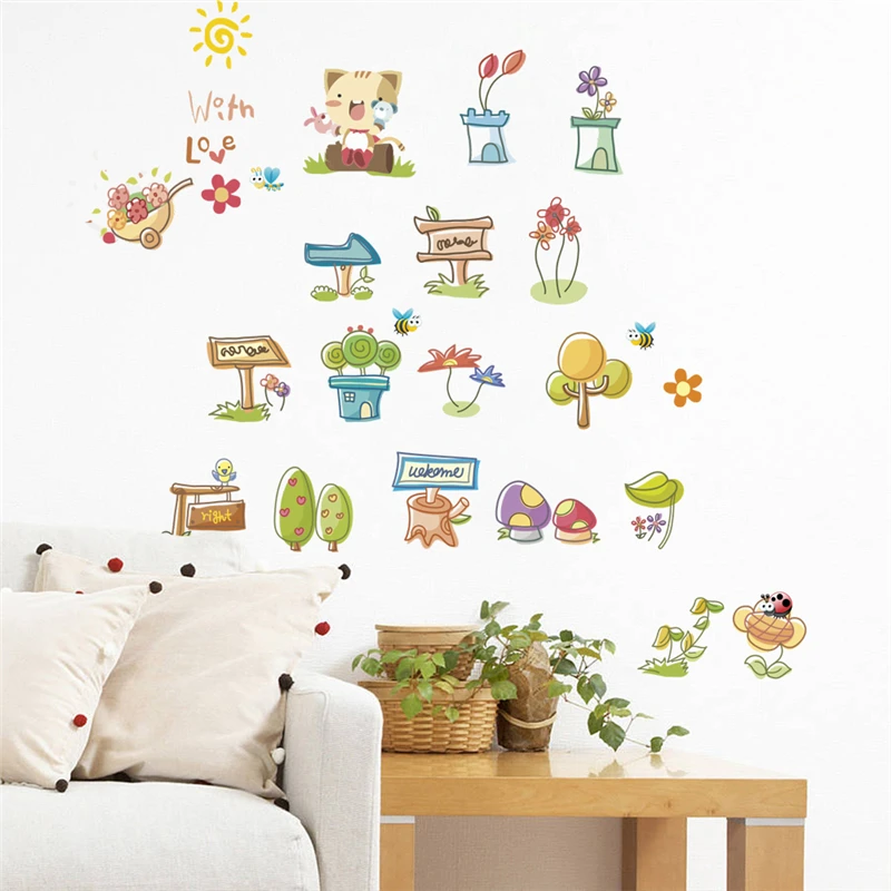 cute cat butterfly plant flower wall stickers bedroom kids ...