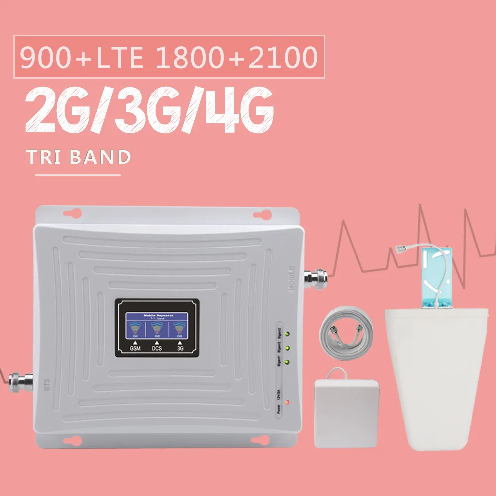 900 + 1800 + 2100 مكرر إشارة GSM 900 DCS 1800 WCDMA 2100 إشارة المحمول معززة مكاسب 70dB 2G 3G 4G مكبر للصوت B1 B3 شاشة الكريستال السائل