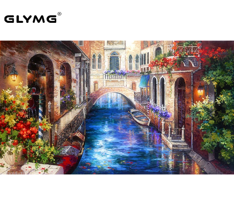 

GLymg Diy Diamond Painting Water City Landscape House Diamond Embroidery Cross Stitch Rhinestones Embroidery Full Square