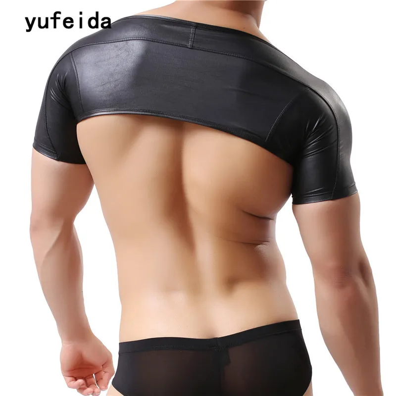 

YUFEIDA Sexy Men's Short Sleeve Shrug Black Faux Leather Gay Sissy Men Underwear Nightwear Dance Muscle Tights Undershirts