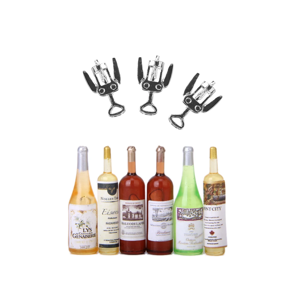 

9pcs Colored Miniature Beer Wine Bottles 3pcs Metal Wine Bottle Opener Corkscrew Model 1/12 Dollhouse Food Accessory