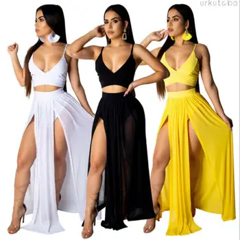 

Fashion Hot Sale Women's Summer Sexy Chiffon Cloth Sets V-neck Sling Sleeveless Camis Tops and High-waist Split Skirts S-XXL
