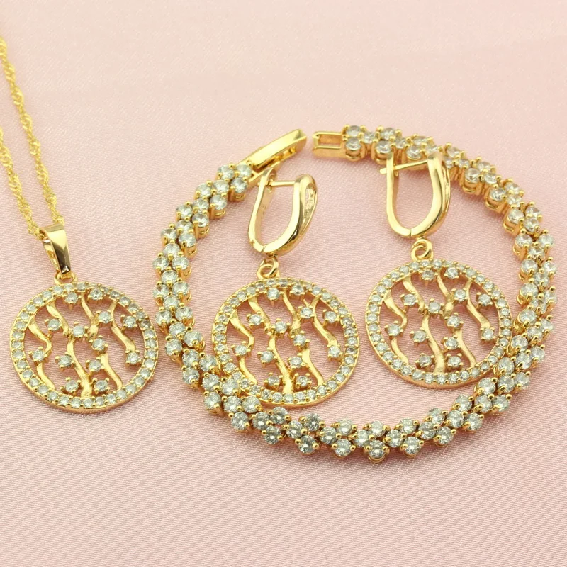 

Classic Golden Women's Jewelry Sets For Wedding Round White Crystal Drop Earrings Bracelet Pendant Necklace Free Jewellry Box