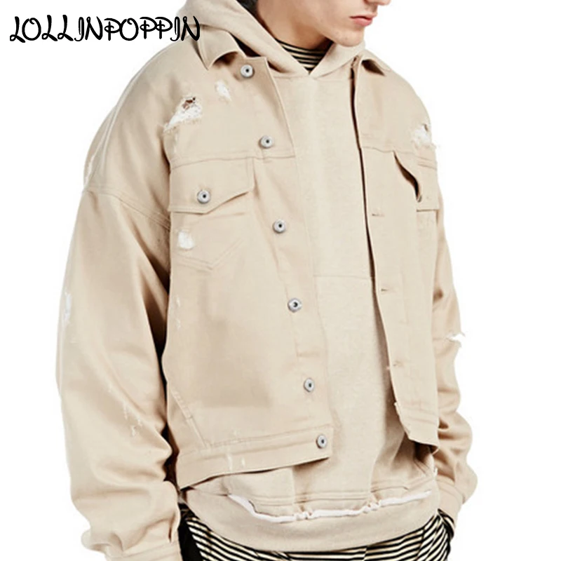 Mens Ripped Beige Denim Jacket High Street Drop Shoulder Design