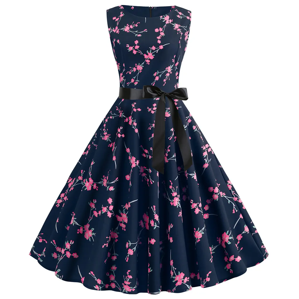 Vetement فام 2019 النساء vestidos فستان صيفي Vintage1950s ريترو أكمام س الرقبة طباعة مساء حزب حفلة موسيقية فستان محكم من عند الصدر ويتدلى بشكل واسع
