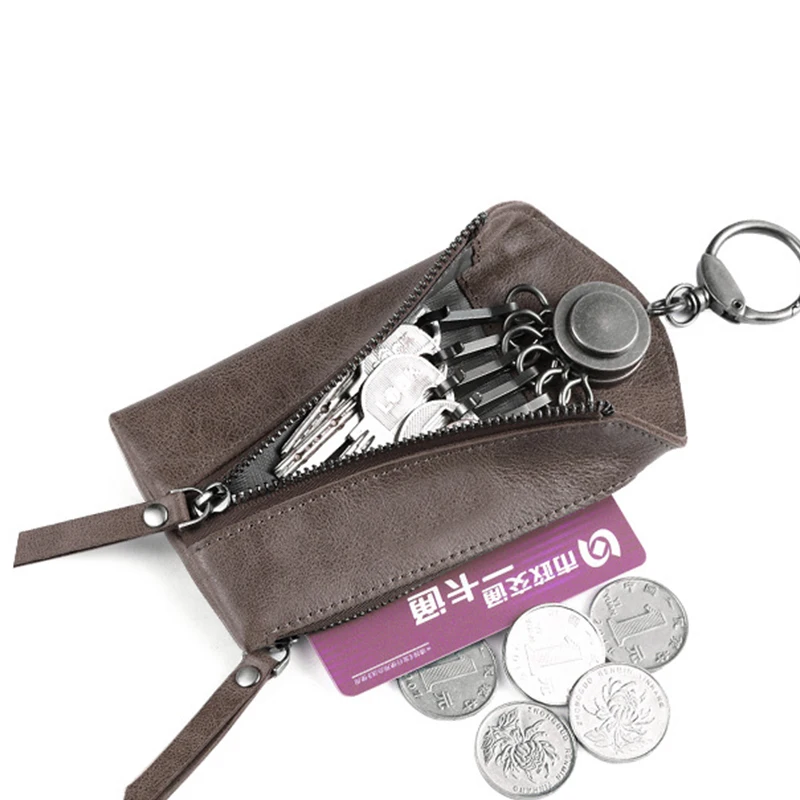 BISI GORO vintage cuero de vaca 6 poco clave sólida pequeña porta llaves cremallera clave organizador bolsa marrón de moda sleutel tasje