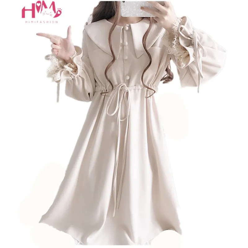

Spring Preppy Women Black Dress Cute Loose Peter Pan Collar Vintage Bandage Vestidos Sweet Button Up Elegant Lace Party Dresses
