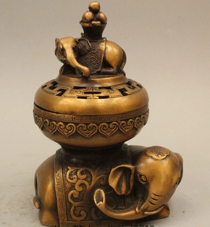 

7" China Chinese Dynasty Palace Bronze Dragon Elephant Incense Burner Censer Statue Statue