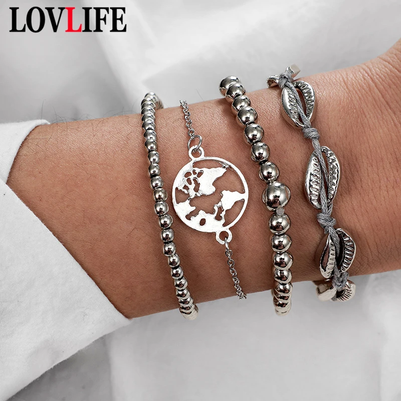

4pcs/set Fashion Round Ball Openwork World Map Gray Rope Shell Conch Bead Bracelet Sets Women New Bracelets Jewerly Bangles Set
