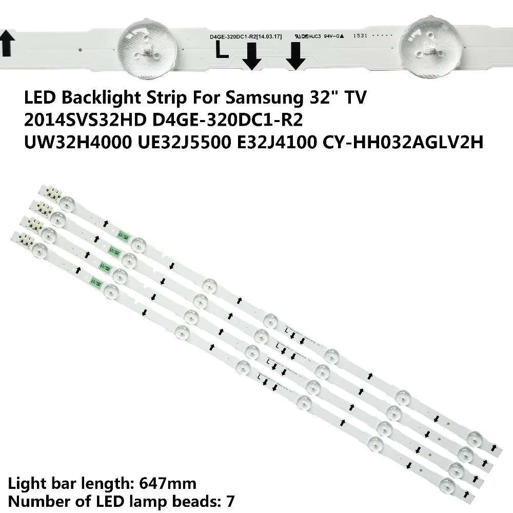

New 4 PCS 7LED 647mm LED backlight strip for Samsung UE32J5500AK D4GE-320DC1-R2 D4GE-320DC1-R1 Bn96-30443A 30442A 2014SVS32FHD