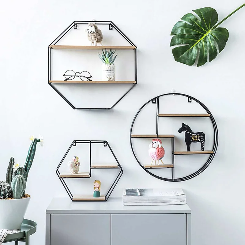

Nordic Wooden Iron Decorative Wall Shelf Ins Geometric Wall Shelf Hanging Organizer Wall Rack for Kitchen Bathroom Home Decor