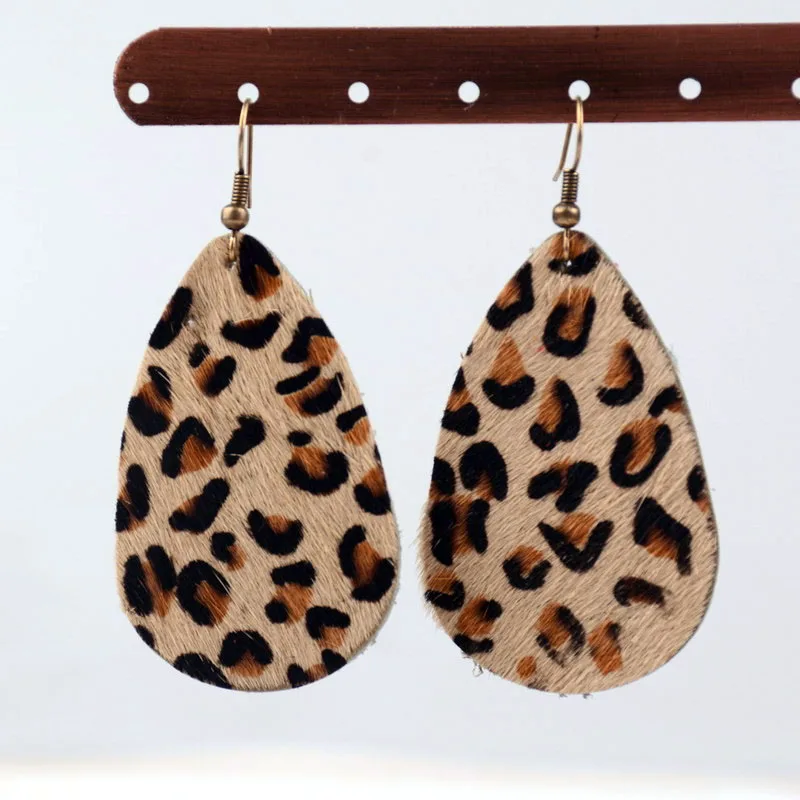 

Leopard Teardrop Genuine Leather Statement Earrings for Women Brand Jewelry Water Drop Dangle Earrings JE0721