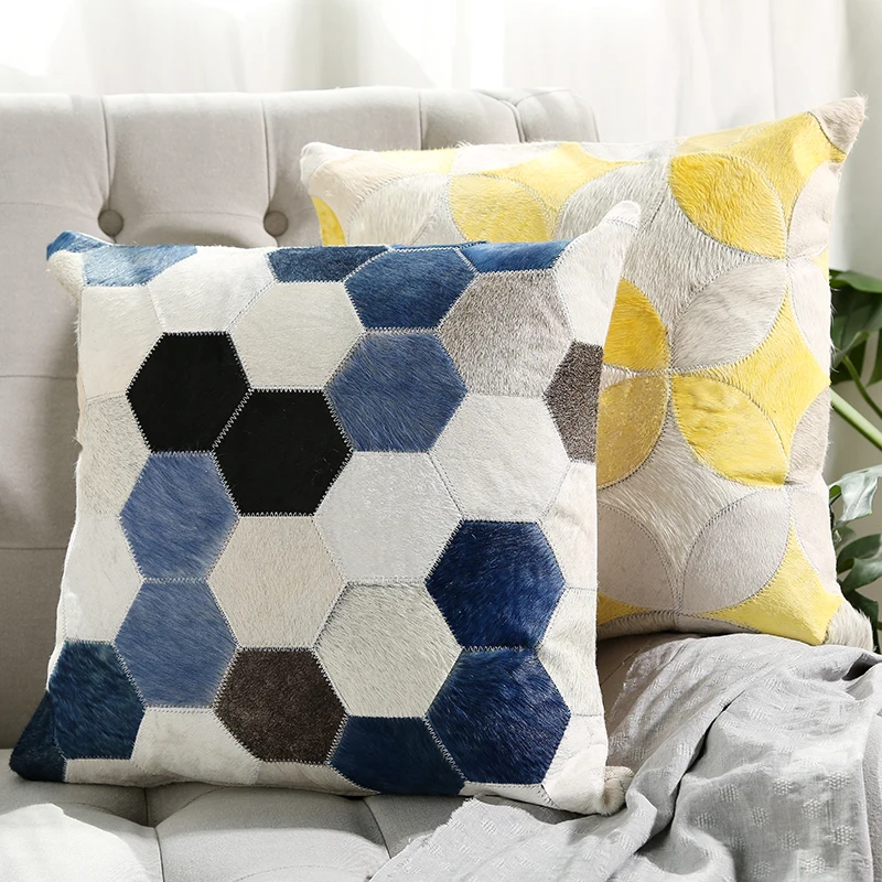 

45 cm x 45 cm Natural Cowhide Patchwork leather pillow + insert living room geometry car office cow fur hide skin cushion