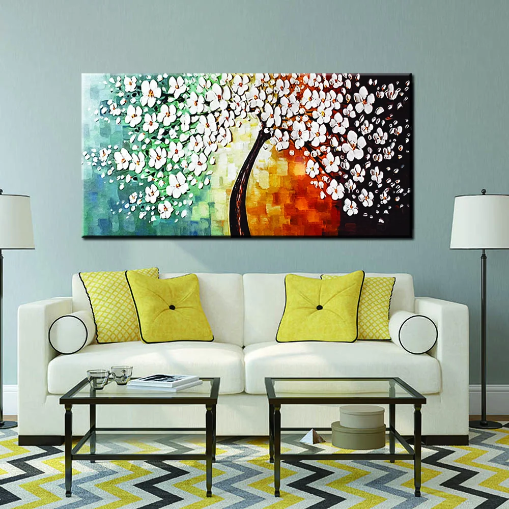

Tree Thick Palette Knife Oil Paintings On Canvas Blomming Flower Wall Art Pictures Art Prints Poster Home Decor