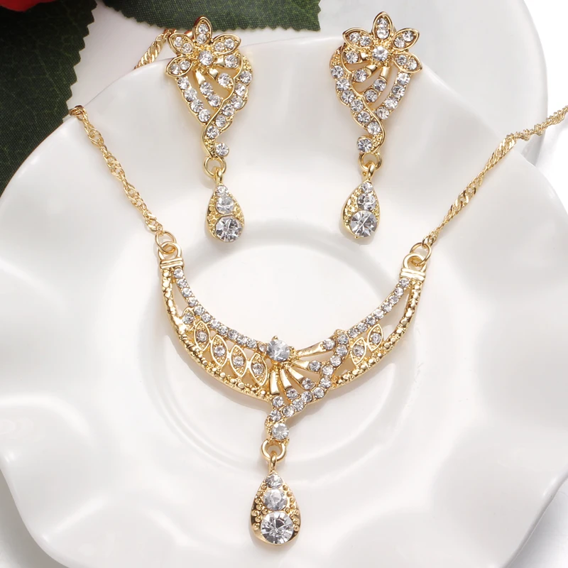 2Pcs//set Necklace Earrings Wedding Bridal Jewelry Set Crystal Rhinestone Fashion