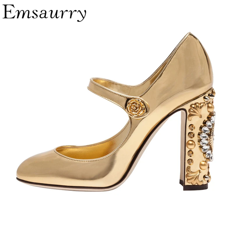 

Retro Gold Mirror Patent Leather High Heel Pumps Unique Clock Chunky Heel With Rhinestone Studded Buckle Wedding Shoes Woman