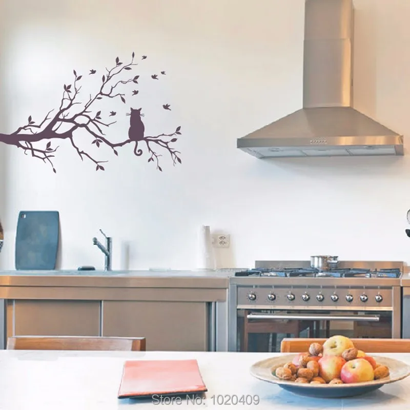 Cat On Tree Branch Birds Vinyl Wall Sticker Art Decorative Stickers Glass Window Sticker Kitchen Wall Stickers Home Decor A017