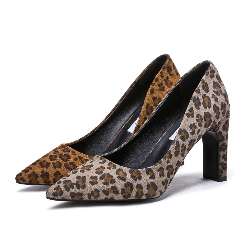 

New Women Thick With High Heels Leopard Tip Pointed Shallow Mouth Single Shoes Large Size Women Shoes