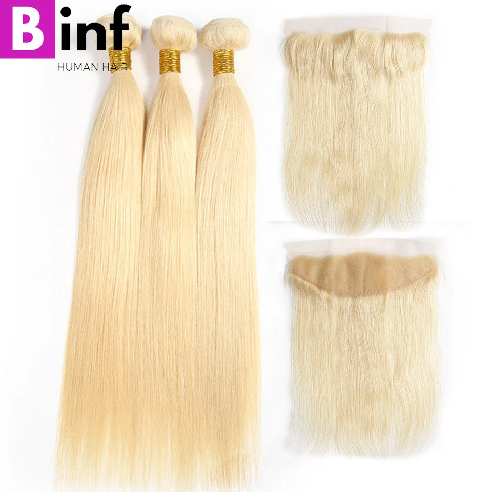 BINF 613 Blonde bundle s с фронтальным Peruvain прямые волосы с фронтальным Remy Blonde натуральные волосы Кружева Фронтальная застежка с комплектом