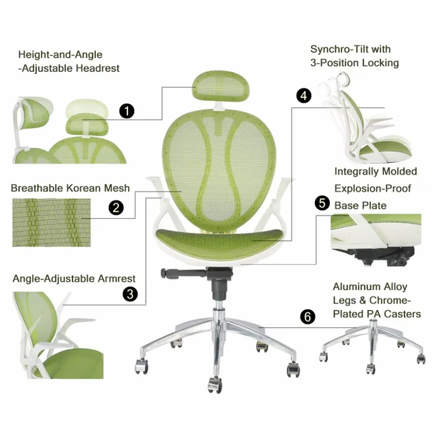 LANGRIA High-Back Swivel Green Mesh Executive Office Chair Computer Chair with 3-Position Locking Adjustable Headrest Armrest -
