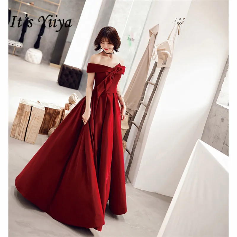 It's YiiYa Evening Dress Long Elegant A-Line Off Shoulder Bow Women Party Dress Boat Neck Robe de Soiree Plus Size 2019 E519