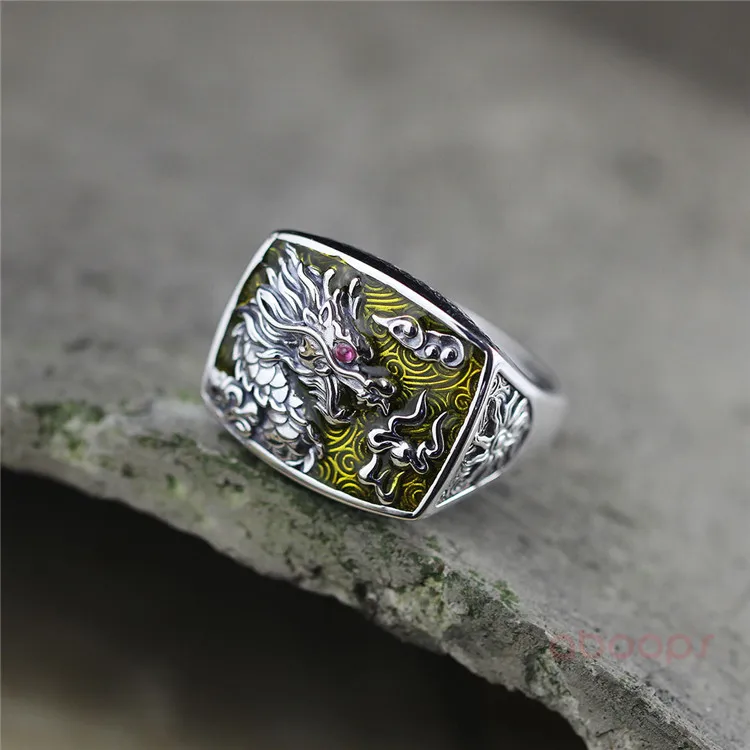  Ethnic 925 Sterling Silver Blue Enamel Dragon Hollow Ring for Men Women Adjustable Free Shipping