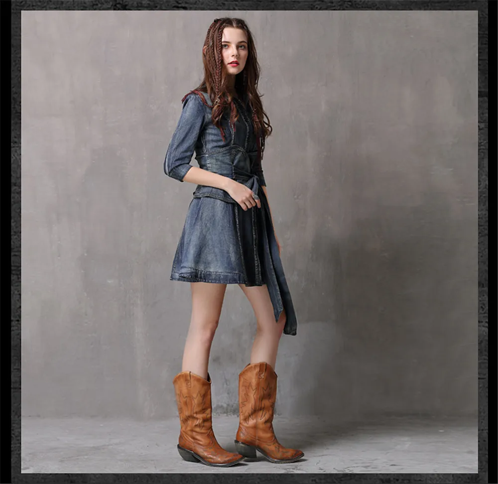 Vintage Summer Sashes Dress 2018 New Denim Three Quarter Sleeve  Dresses Turn-down Collar A-line Single Breasted Vestios (12)