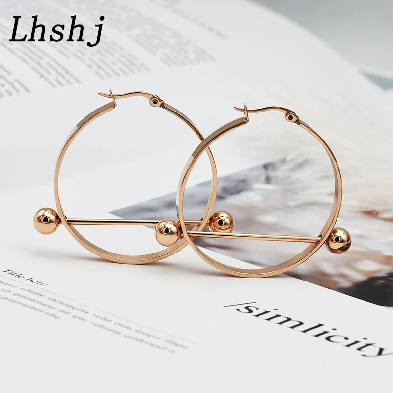 

Charm Rose Gold round hoop earrings for women stainless steel ball design earrings Geometric jewelry