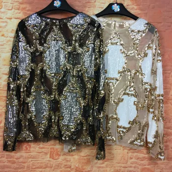 

HIGH STREET New Fashion 2020 Designer Blouse Top Women's Long Sleeve Luxurious Sequined Beading Gauze Blouse