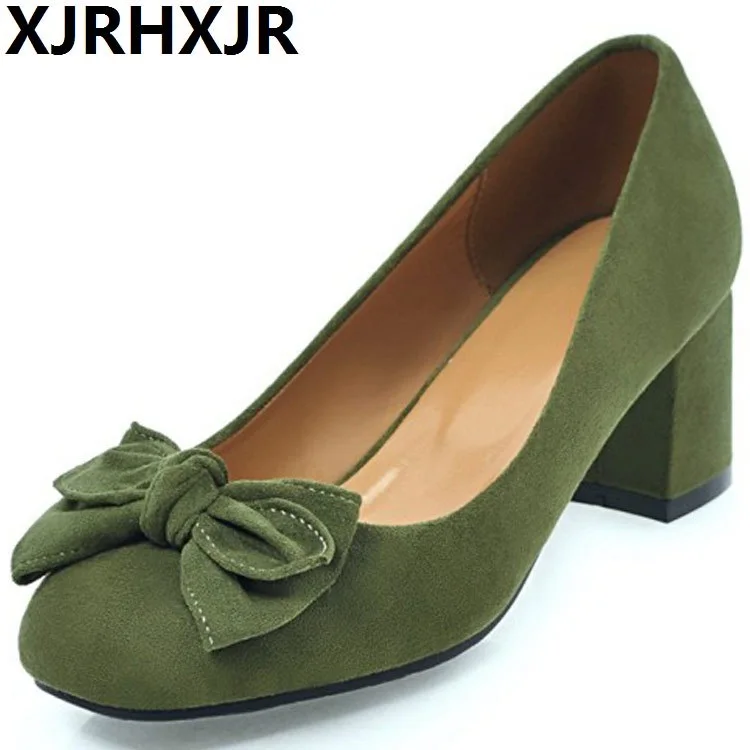 

XJRHXJR Brand Plus Size 32-45 Women Pumps Fashion Elegant Round Toe Square Med Heels Office Lady Woman Shoes Black Pink