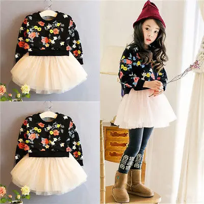 

2017 Autumn Winter 2pcs Toddler Baby Kids Girls Dress clothing set Long Sleeve Floral Tops+Sequin Skirt Cute TUTU Dress Up